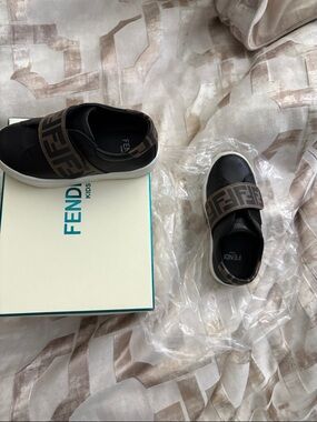 Fendi Black and Brown Kids Slip-On Sneakers with FF Strap